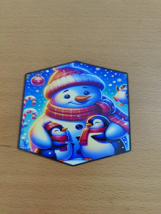 Snowman hugging penguins sticker